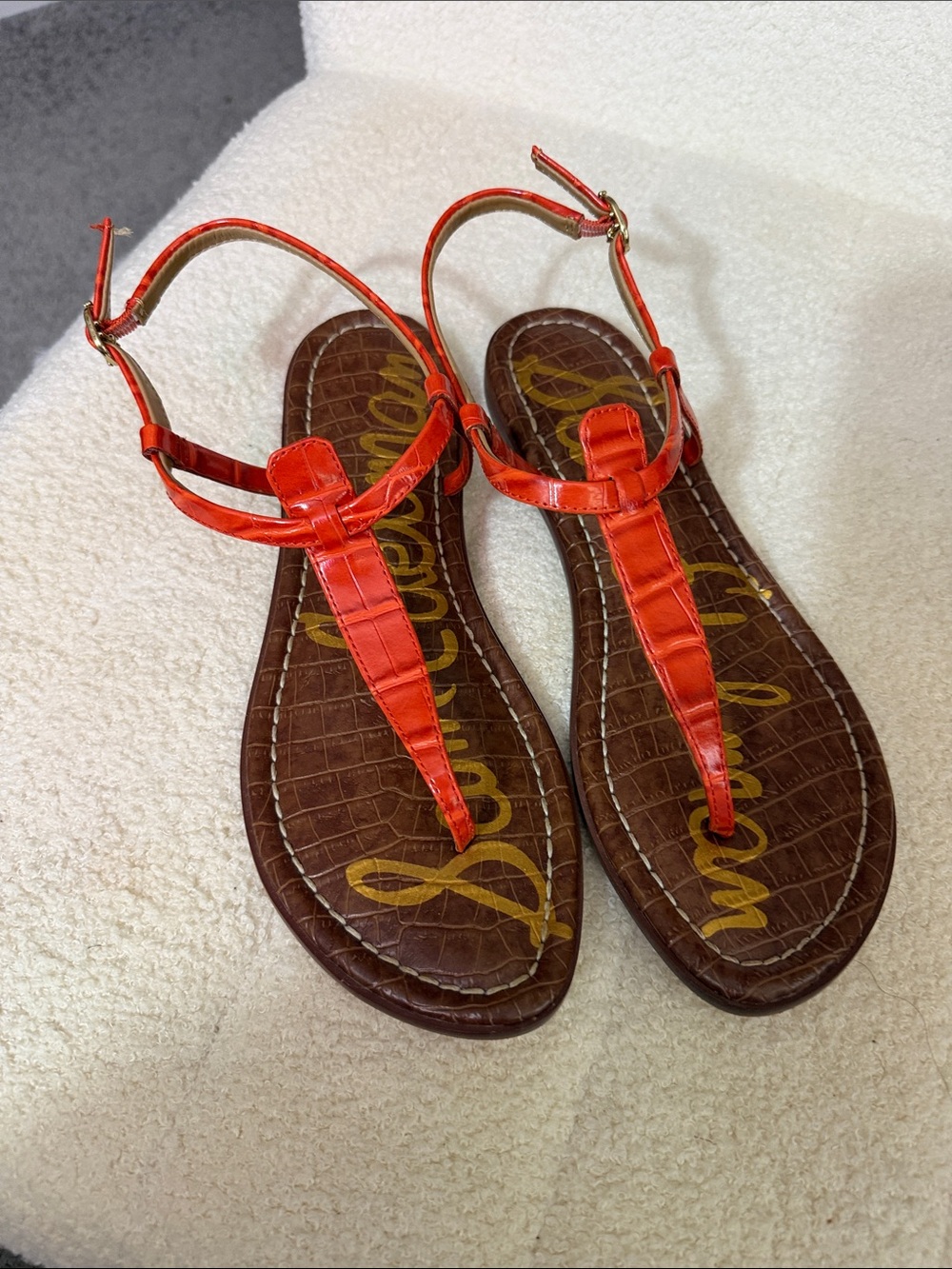 Sam Edelman Orange T-Strap Croc-Texture Sandals